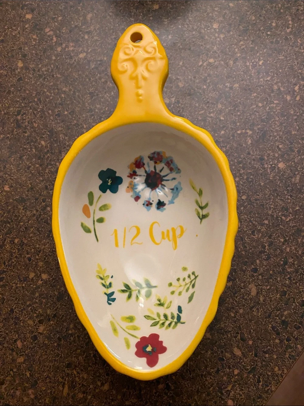 Pioneer Woman 1/2 Cup Yellow Ceramic Measuring Scoop with Floral Design